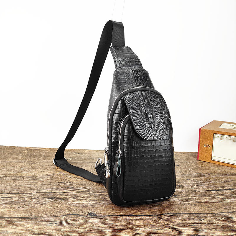 Fingerprint Lock Bag Men's Travel Sports Crossbody Bag Top Layer Cowhide Crocodile Pattern Security Password Lock Genuine Leather Chest Bag