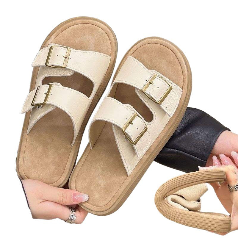 Cowhide Boken Slippers Women's Anti-Slip Soft Bottom2025New summer outer wear French flat beach shoes