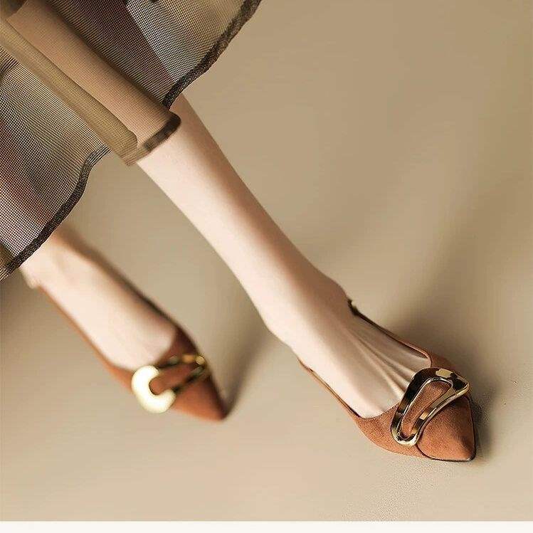 French retro metal buckle flat shoes for women2025Summer New Style Closed-Toe Sandals Pointed Elegant Shallow Mouth Flats