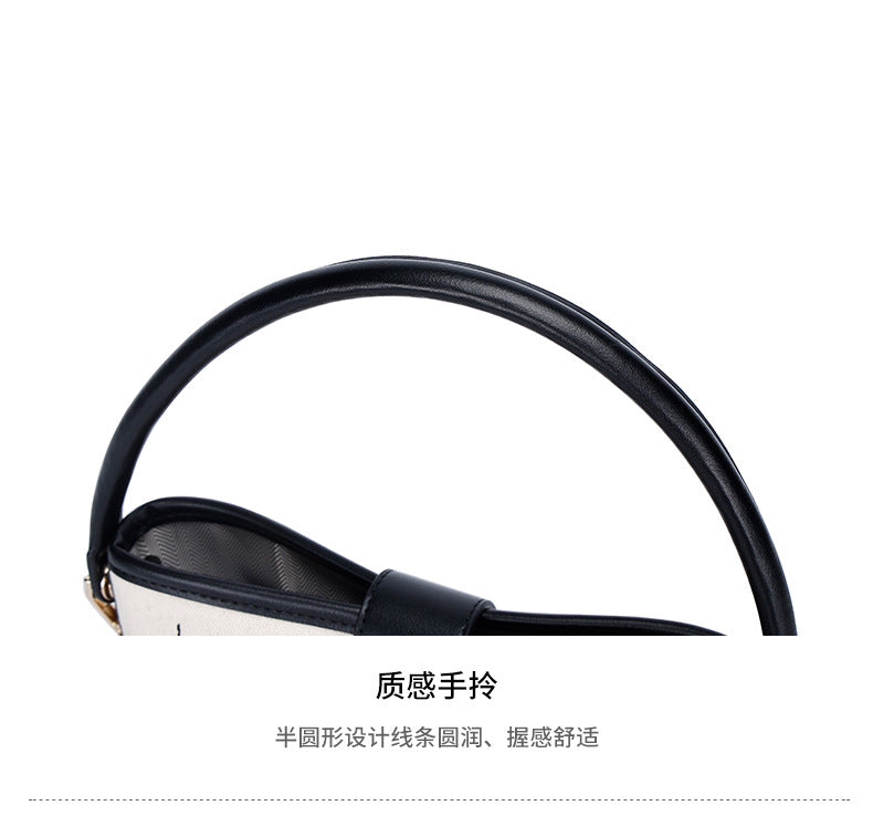 Korean Style Simple Canvas Contrast Color Bucket Bag Women's Stitching Portable and Fashion Women's Bag Versatile Messenger Bag