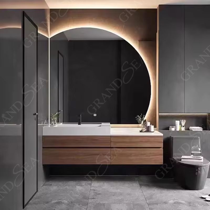 Luxury Solid Wood Bathroom Drawer Storage Vanity Cabinet With Half Moon Mirror Wash Basin for Hotel Bathroom