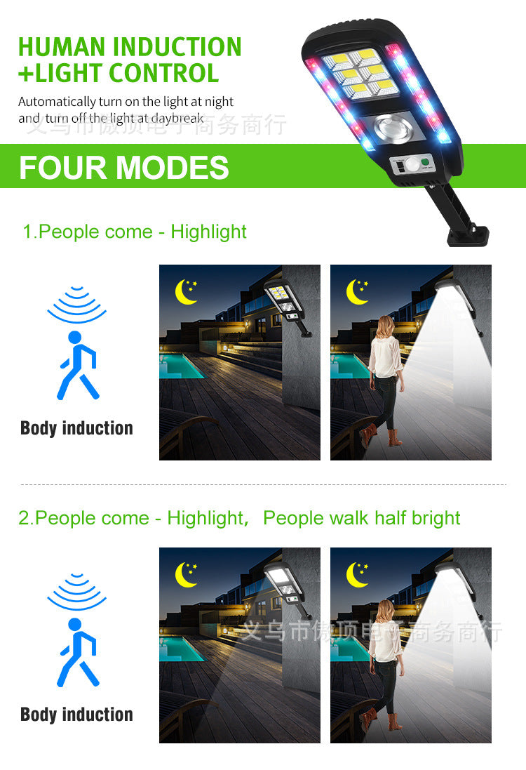 New outdoor solar light with colorful warning street light COB Garden Light with Human Body Sensor with Remote Control