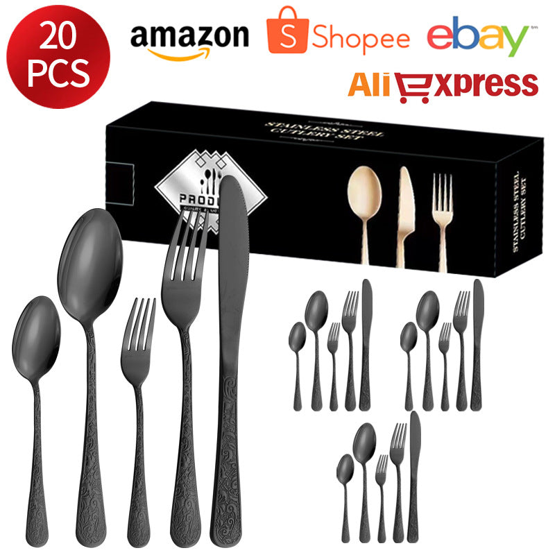 Stainless Steel Tableware Phoenix Pattern Knife Fork Spoon24Set of European-style Retro Relief Western Steak Knives and Forks