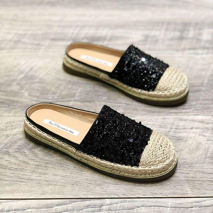 2025Spring New Knitted Retro Round Toe Sequin Slip-On Flat Fashion Closed-Toe Half Slippers Backless Fisherman Shoes