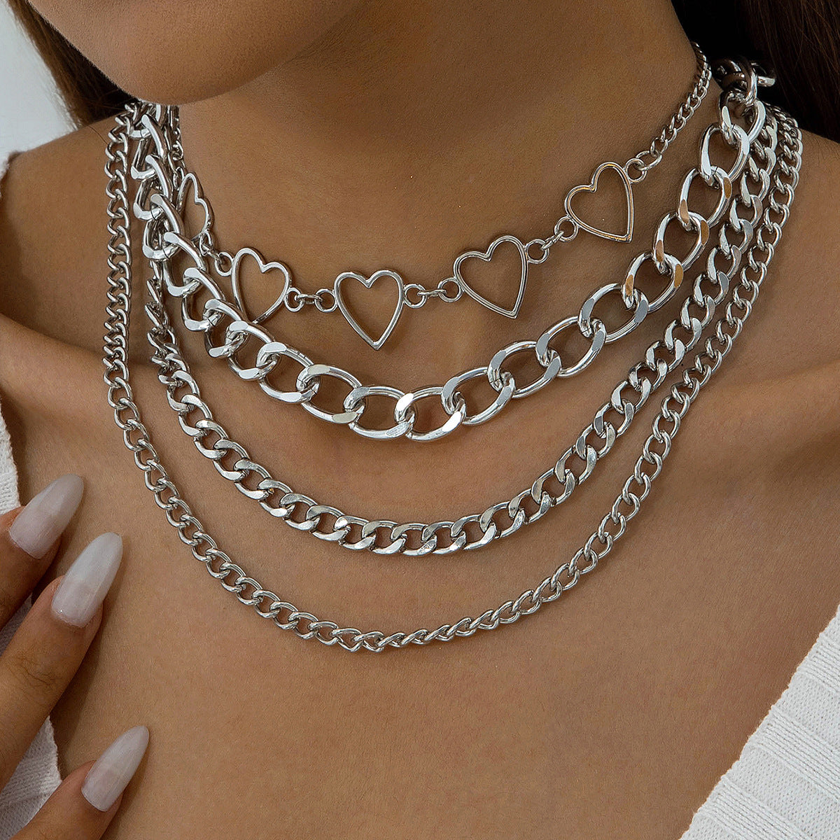 European and American Style Jewelry Hip-Hop Personality Geometric Exaggerated Necklace Heart-shaped Flat Thick Chain Hollow Multi-layer Necklace Wholesale