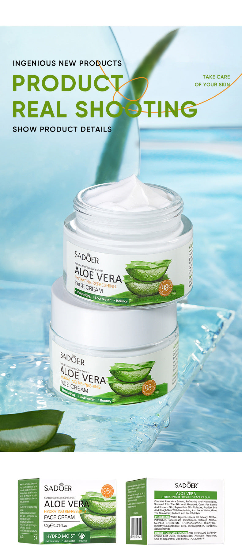 Full English Aloe Vera Skincare Set SADOER Cleansing, hydrating, moisturizing, and nourishing  foreign trade manufacturer wholesale