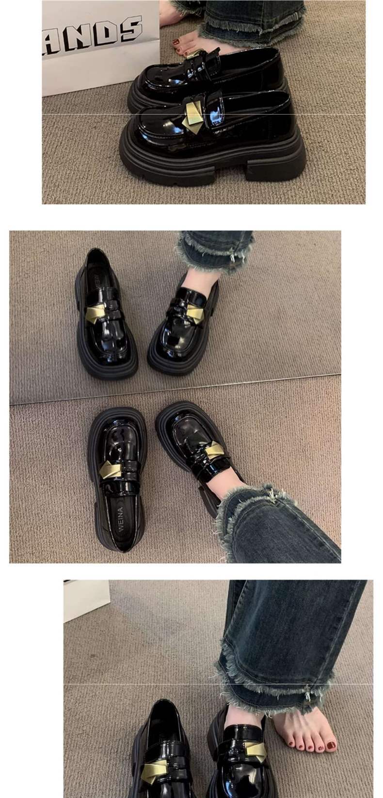 Black Thick Sole Heightening Loafers Women's Shoes2025Spring New Slip-On Shoes British Style Big Toe Small Leather Shoes