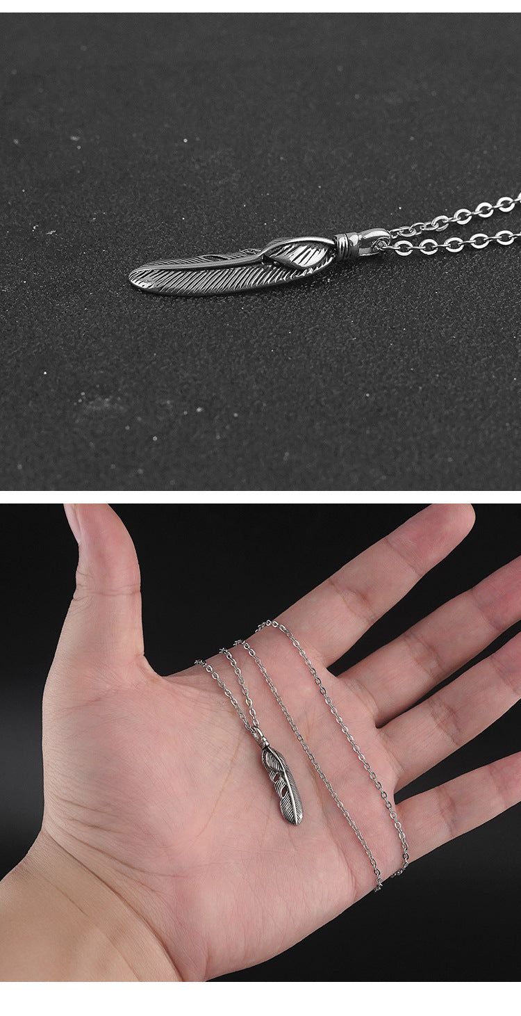 Stainless Steel Feather Pendant Men's Trendy Hip-Hop Summer Retro Niche Necklace Titanium Steel Accessories Factory Wholesale