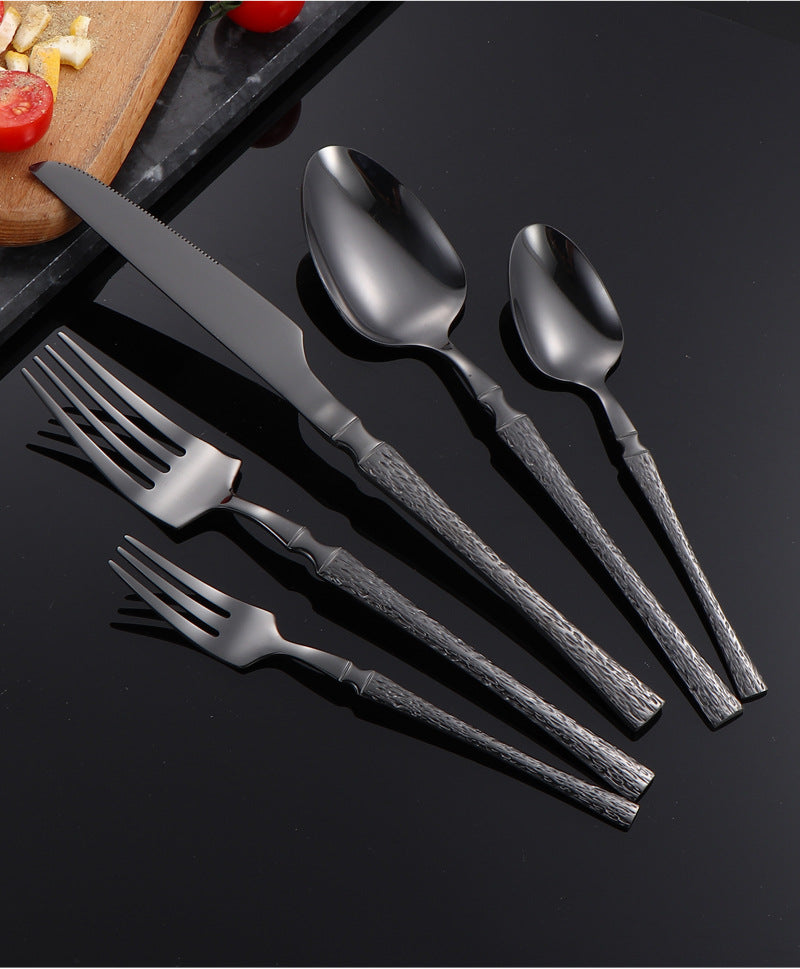 410Stainless Steel Cutlery Hotel Restaurant Hammered Knife Fork Spoon Set Western Small Waist Bark Pattern Steak Knife Fork