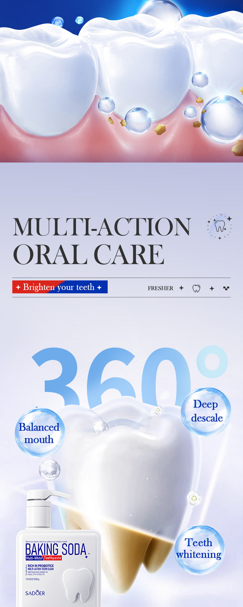 Full English Pump Toothpaste SADOER Baking Soda Probiotics Teeth Cleaning Oral Freshness  Wholesale