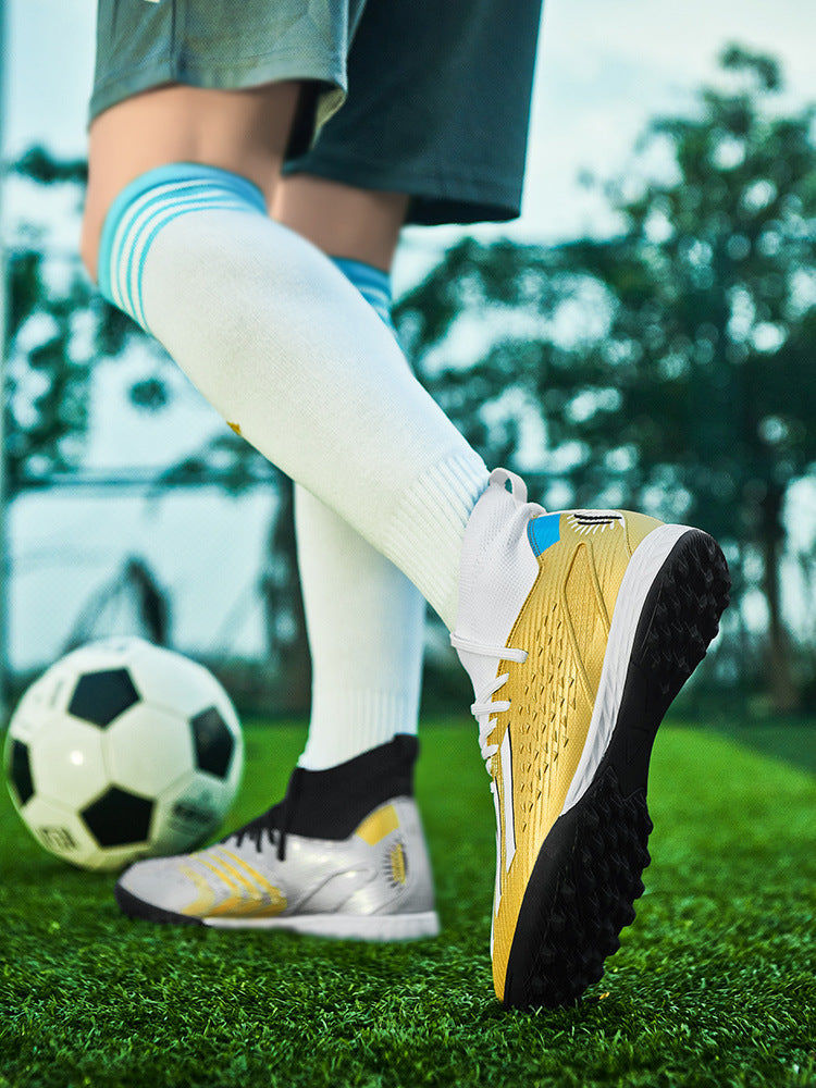 High-top Unisex Youth Soccer Shoes with Broken and Long Spikes for Grass Field Competition Training Student Sports Shoes