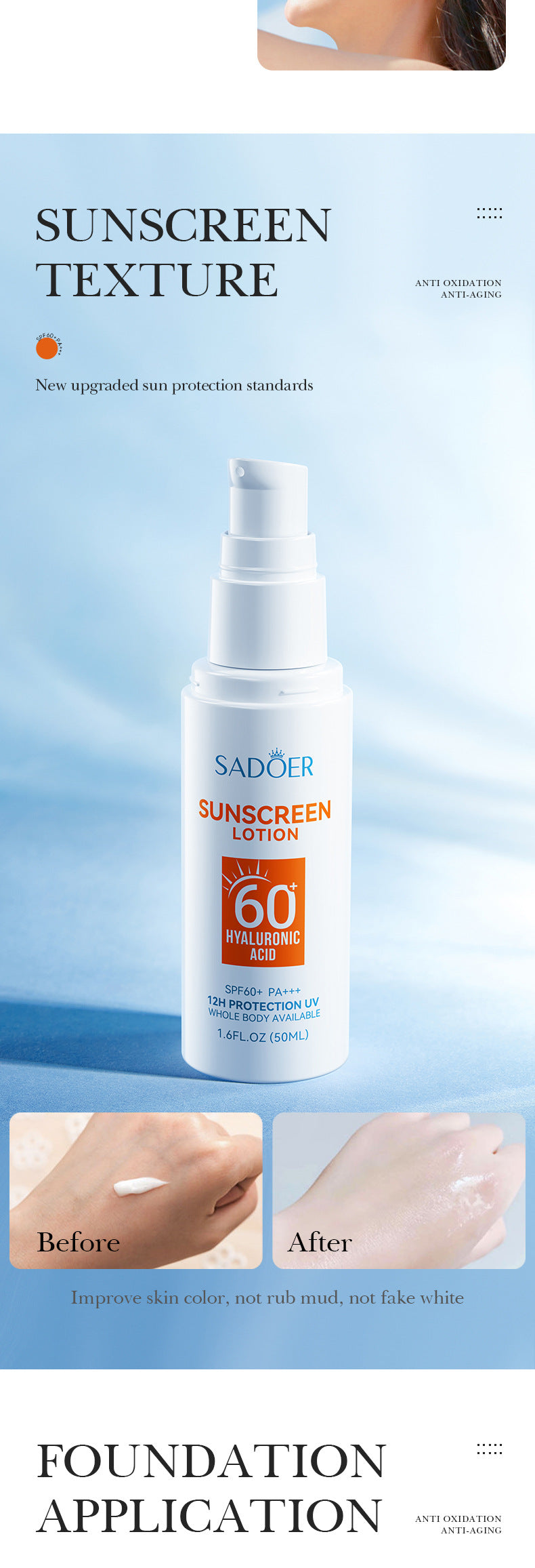 Hyaluronic Acid Sunscreen SADOER Uv Protection SPF60+Isolation Sunscreen Lotion Cross-Border Wholesale