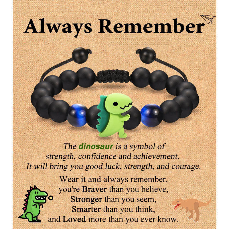 Black Matte Woven Bracelet with Tiger Eye Stone8mm Beaded Children's Back-to-School Season Bracelet Card Little Dinosaur Woven Bracelet