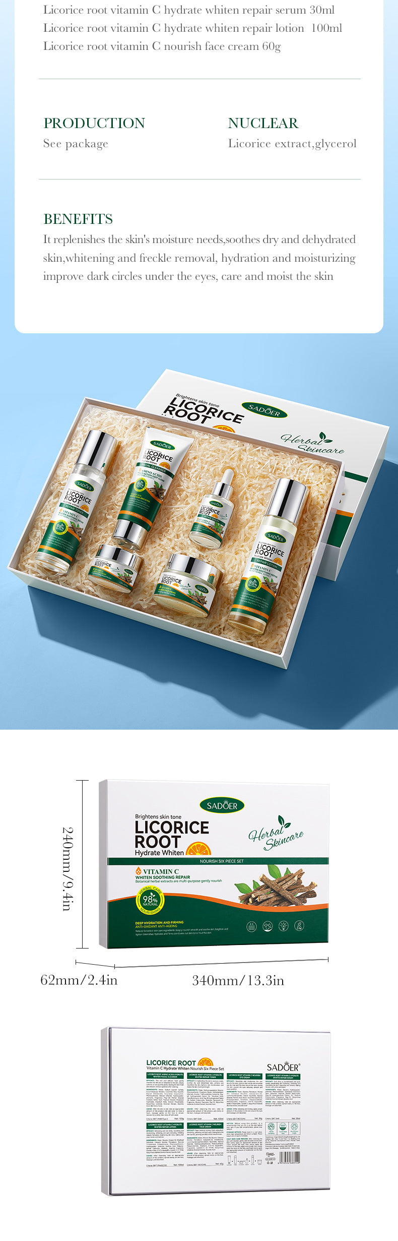Licorice VC Skin care set SADOER Whitening, hydrating, skin rejuvenation, nourishing six-piece set for cross-border foreign trade wholesale