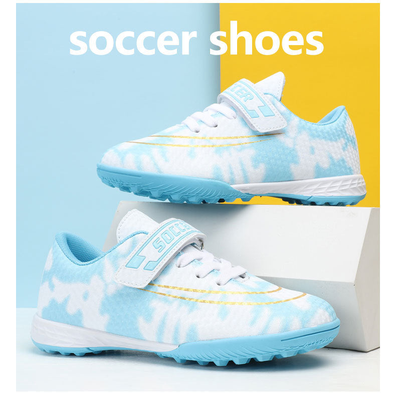 New Football Shoes for Men and Women, Children's Low-top Anti-collision Spike Magic Tape No-tie Grass Training Sports Shoes