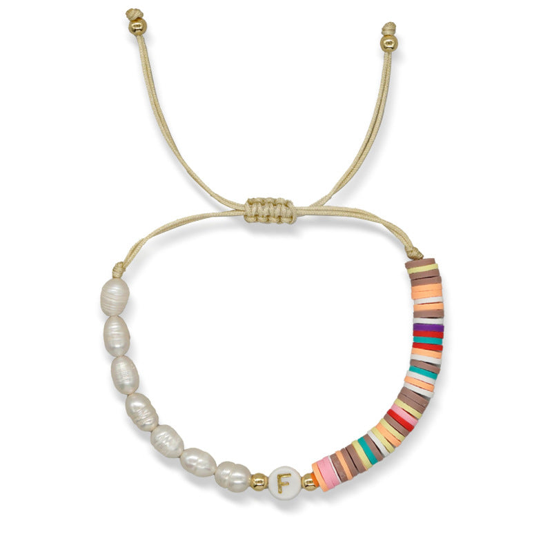 Imitation pearl26Letter Bracelet Bohemian Casual Vacation Bracelet Gold Beads Stretchable Soft Clay Woven Bracelet