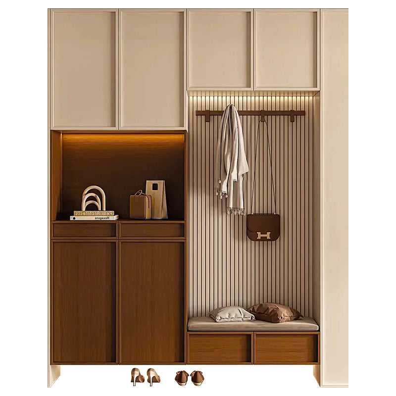 Meikexin French Style Solid Wood Entryway Shoe Rack and Coat Rack with Shoe Changing Stool, Multi-Functional Integrated Wall-Mounted Whole House Customization System