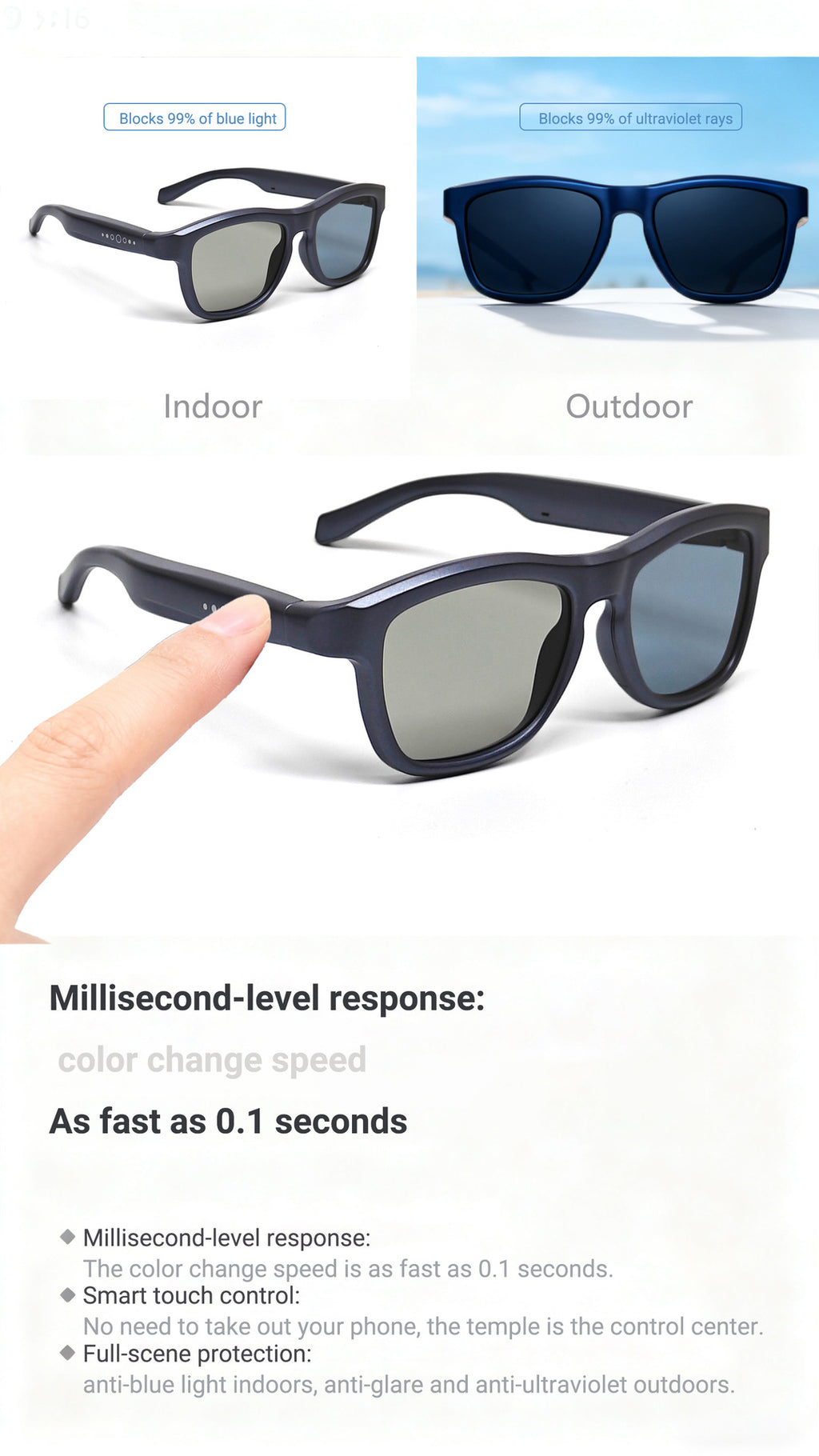JS22 Pro Smart Glasses Bluetooth Call AI Real-time translation of meeting minutes with one-click color-changing lenses