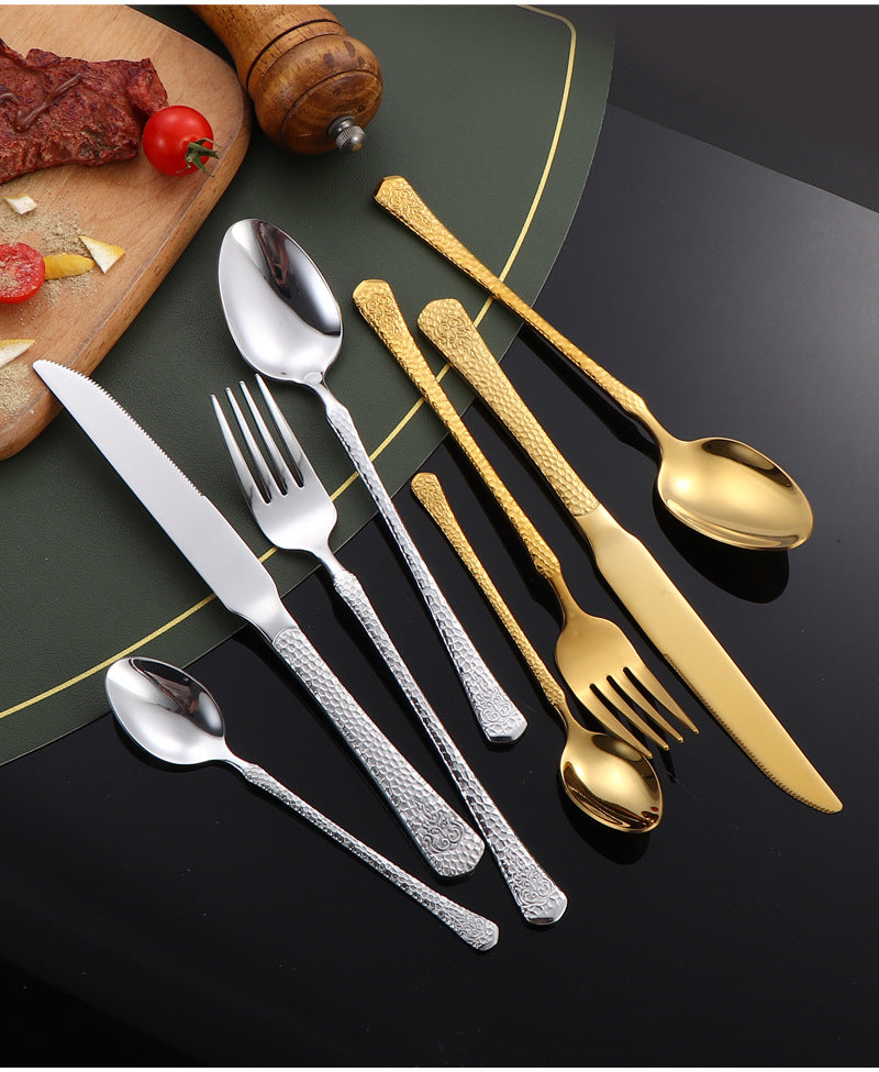 410Stainless Steel Tableware Hotel Restaurant Hammered Knife Fork Spoon24Set of High-End Western Cuisine Embossed Steak Knives and Forks