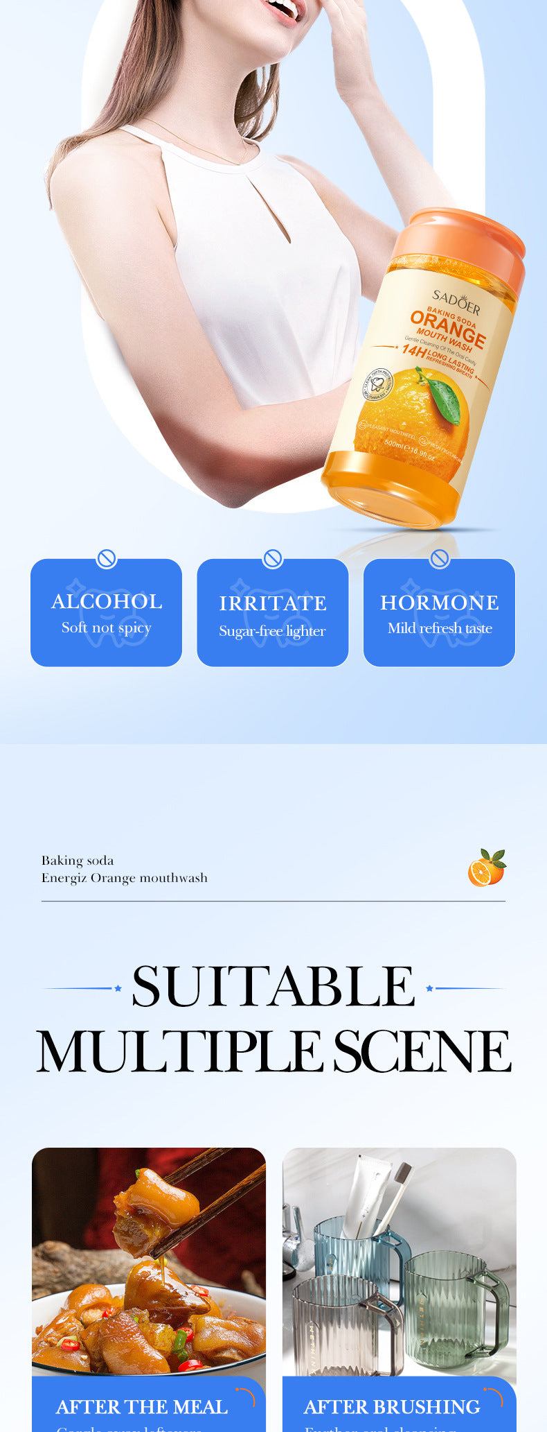 Fruit Mouthwash SADOER Fresh Orange Baking Soda Tooth Stain Remover Mouthwash Bottle Cross-Border Wholesale