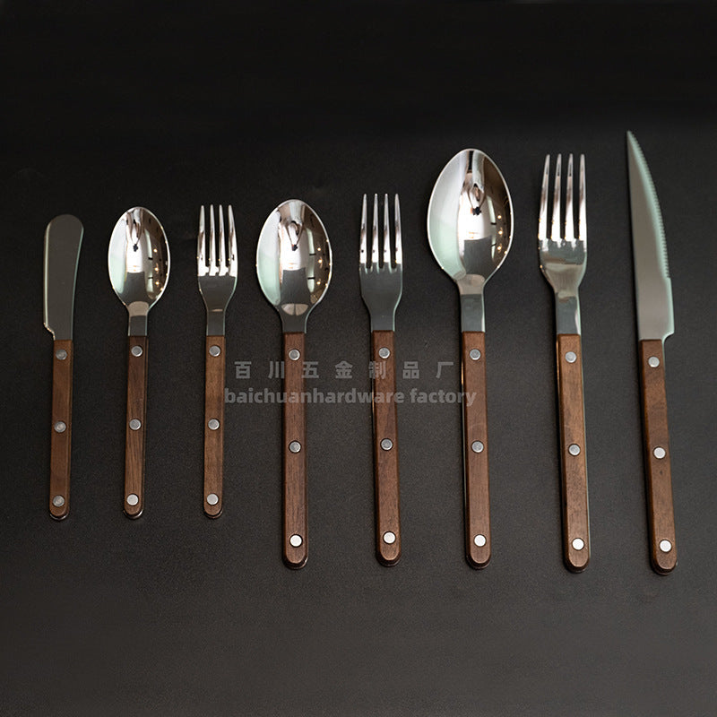French Style Solid Wood Walnut Handle Western Cutlery Stainless Steel Knife Fork Spoon Wholesale Household Kitchen Western Restaurant