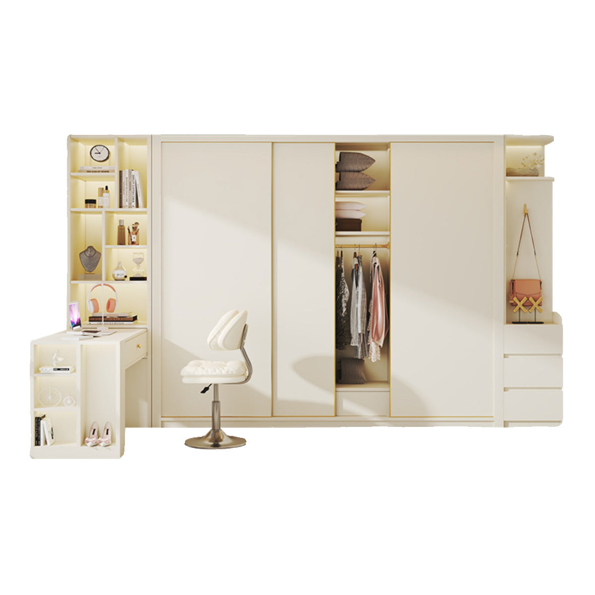 E0European Pine Board Warm White Sliding Door Wardrobe Desk Integrated Set Cream Style Bedroom Home Solid Wood Large Wardrobe
