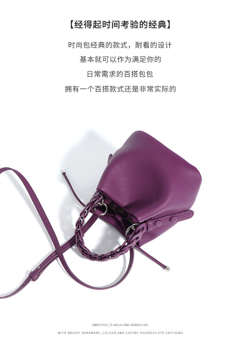 European Style New Top Layer Cowhide Bucket Bag High-Quality Genuine Leather Fashion Women's Handbag Tote Shoulder Crossbody Bag Woven