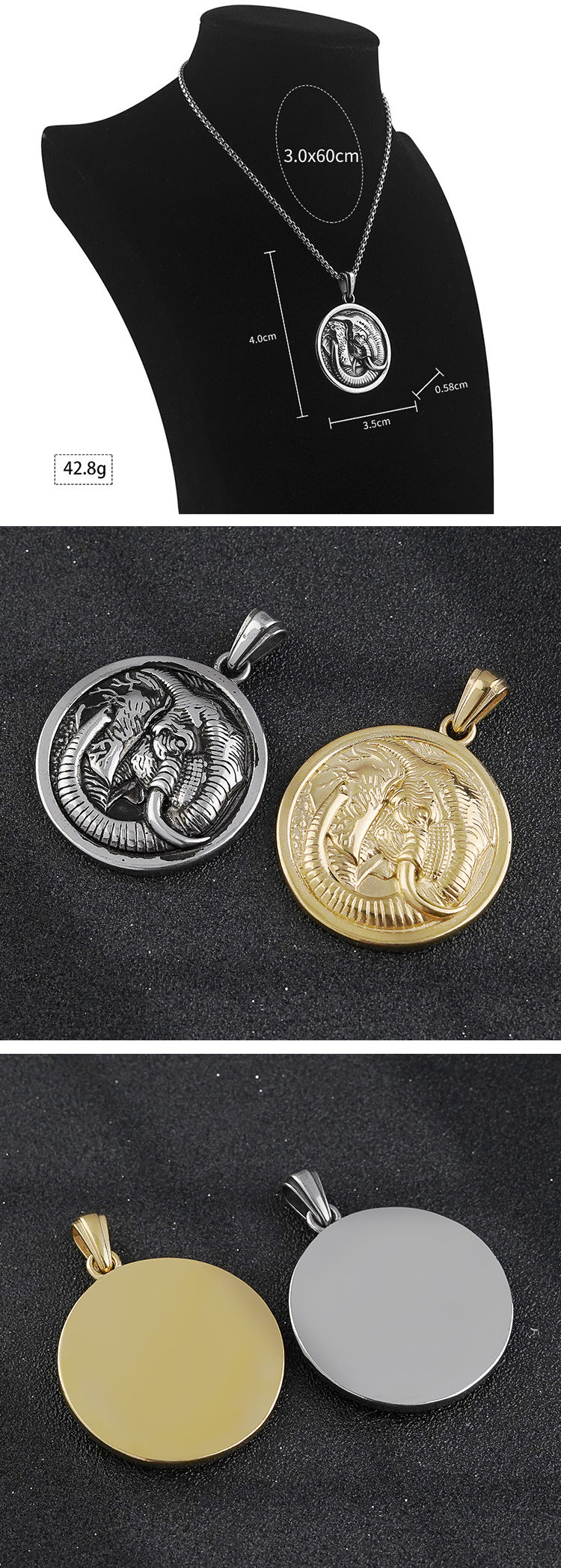 Men's Unique Titanium Steel Pendant Retro Animal Shape Necklace Jewelry Stainless Steel Round Elephant Pendant Wholesale