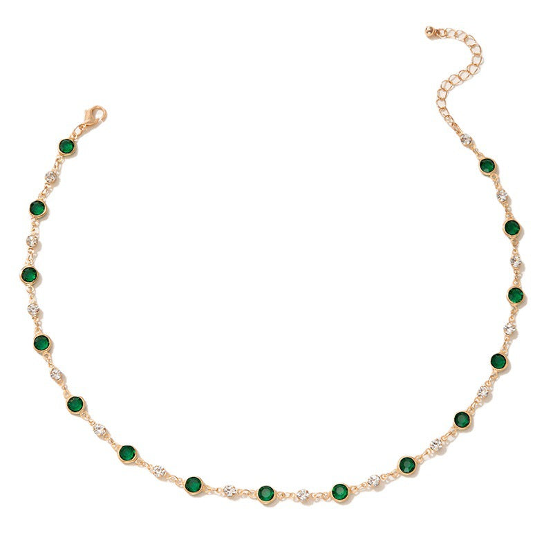 European and American New Style Green Zircon Niche Personality Retro Inlaid Diamond Short Necklace Collarbone Chain Choker chocker Female