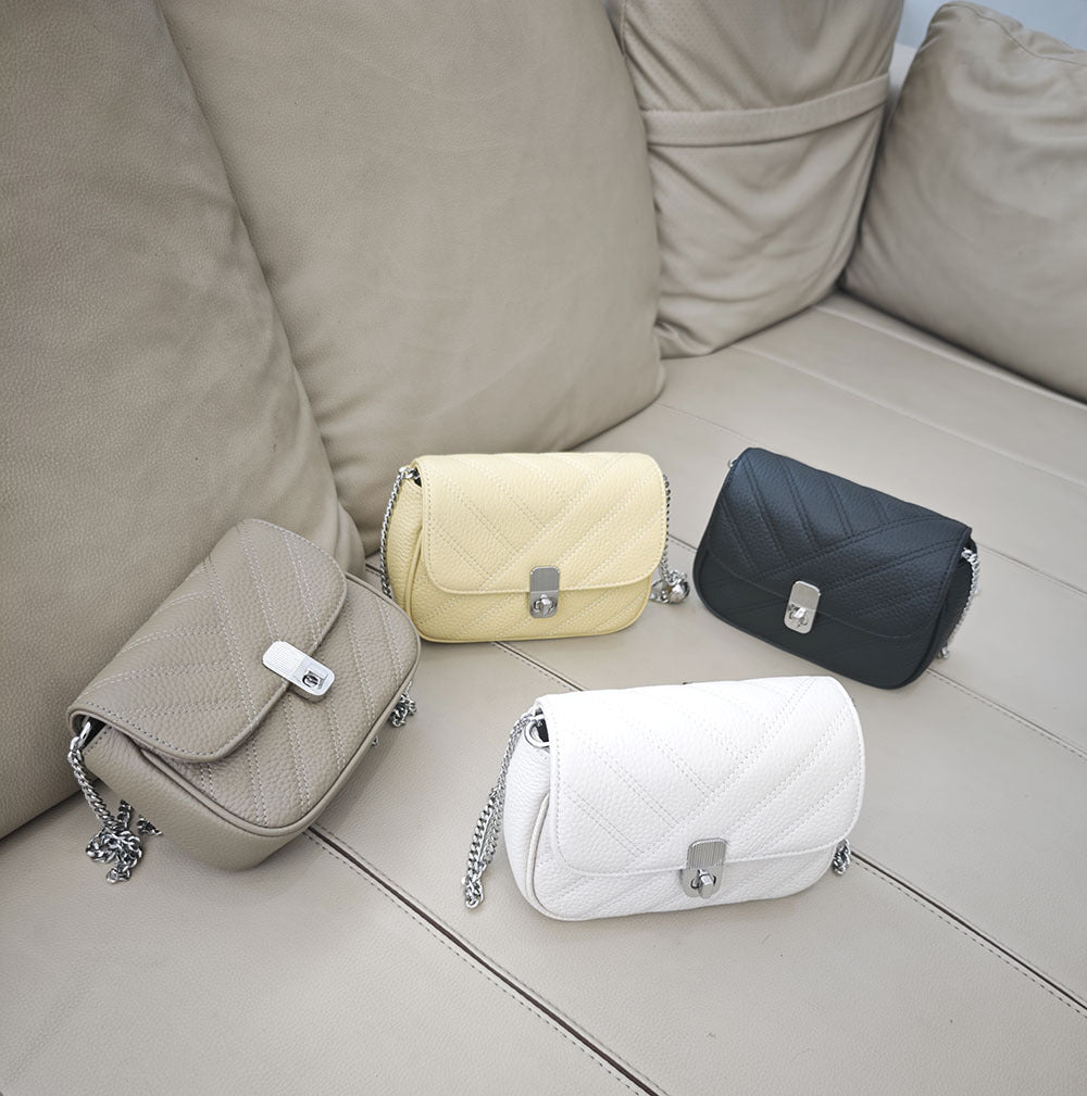 Genuine Leather Women's Bag New Metal Chain Small Square Bag Simple Versatile Chanel Style Single Shoulder Solid Color Embroidered Thread Crossbody Bag