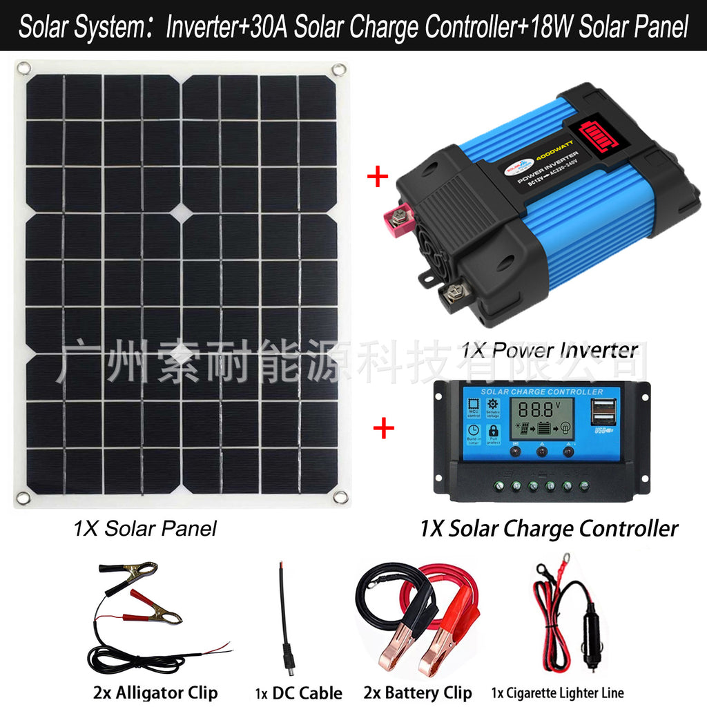 12V Solar Energy Kit System: Inverter 30A Controller 18W Solar Panel Solar System