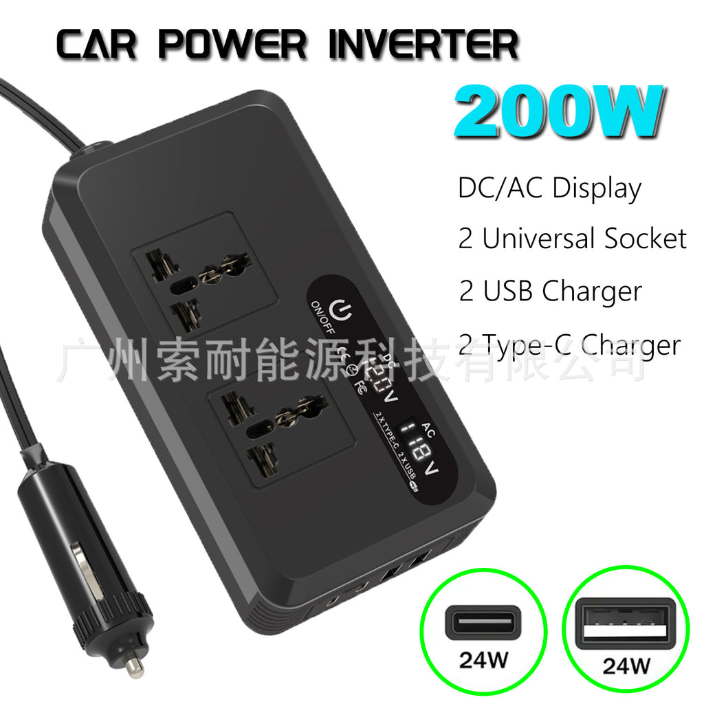 Universal Socket Car Inverter200W Hot Sale12V Turn110V/220V Double USB Double Type-C