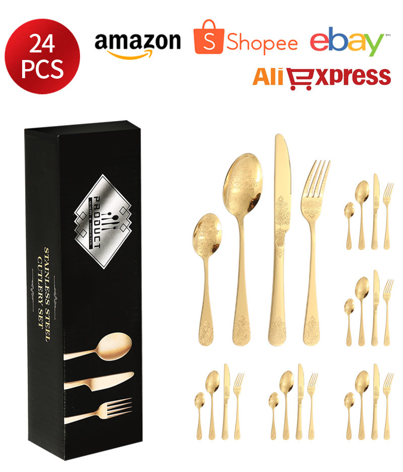 Stainless Steel Cutlery Set1010Double Flower Relief Knife, Fork, and Spoon24Set of Western Steak Knives and Forks