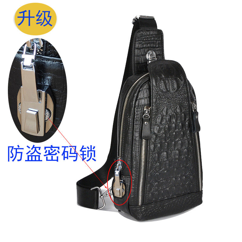 Men's Genuine Leather Chest Bag Multi-Functional Password Lock Cycling Crossbody Bag Backpack Crocodile Pattern Top Layer Cowhide Men's Bag Durable