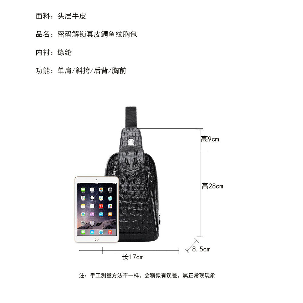 Genuine Leather Men's Chest Bag with Combination Lock, Single Shoulder Crossbody Bag, Top Layer Cowhide Texture, Sports Small Backpack, Crossbody