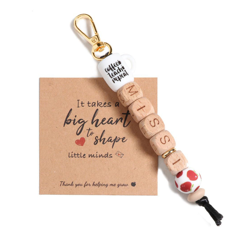 Teacher Appreciation Water Bottle Pendant Thank You Teacher Apple Ornament MISS Letter Square Wooden Bead Keychain Jewelry Accessories