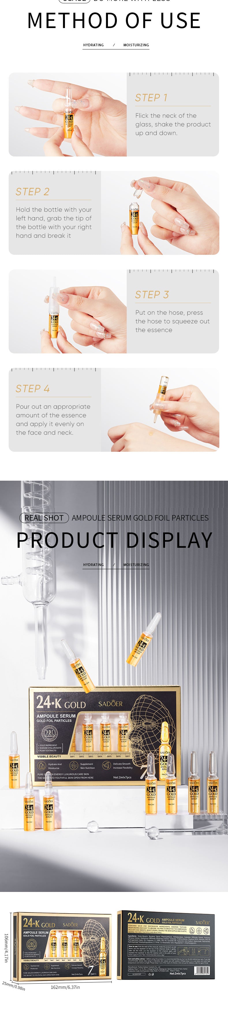 Full English Ampoule Essence SADOER Golden Hyaluronic Acid VC Moisturizing and nourishing  Foreign Trade Live Wholesale