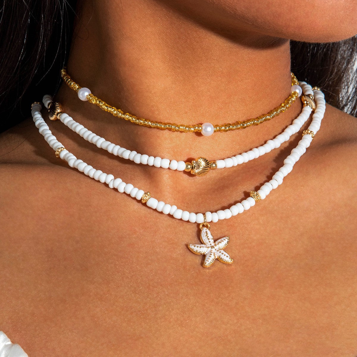 Jewelry Beaded Necklace Beach Imitation Pearl Necklace Starfish Shell Retro Vacation Small Multi-layer Necklace for Women