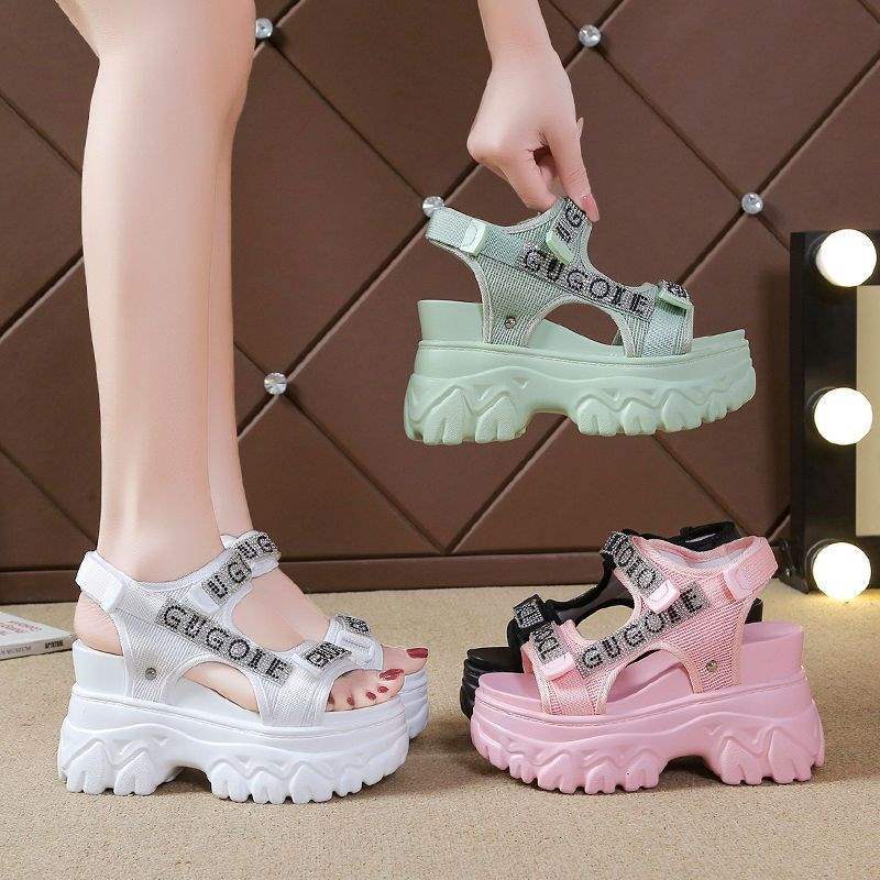 Women's Hidden Heel Sports Peep Toe Wedge Thick Sole Sandals2025Summer new style white rhinestone Velcro Roman shoes