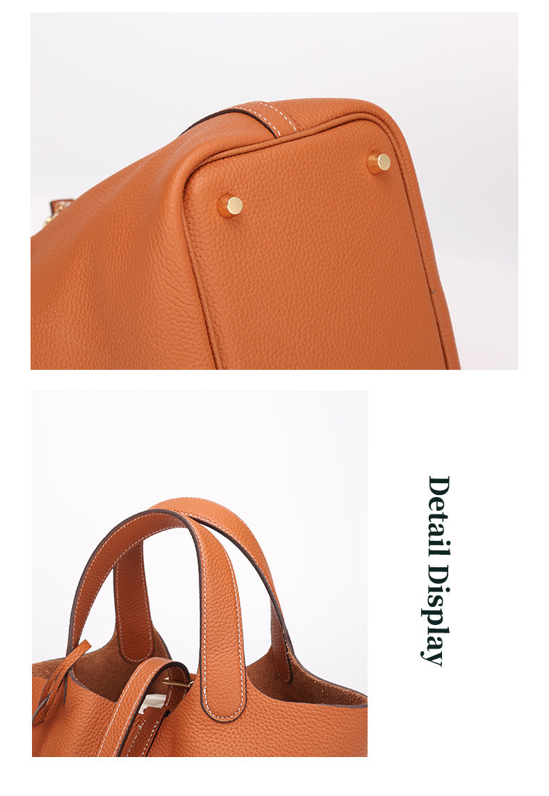 Top Layer Cowhide Vegetable Basket Bag for Women, Light Luxury Versatile Handbag, Niche Design, High-Quality Texture, Large Capacity Bucket Bag