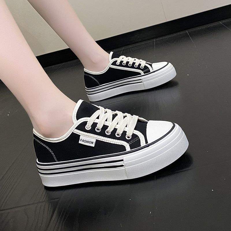 Internet Celebrity Thick-Soled Biscuit Canvas Shoes for Women2025New Spring and Autumn Versatile Breathable Casual White Sneakers
