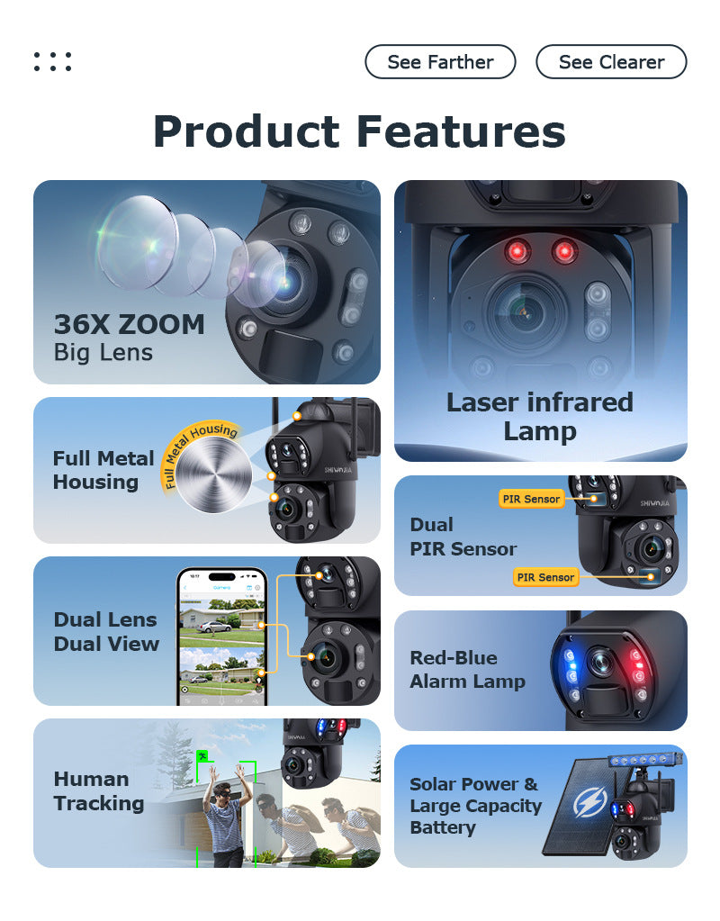 Outdoor36Zoom600Ultra HD Dual Screen Solar Camera Metal Heat Dissipation Night Vision Waterproof Dome Camera