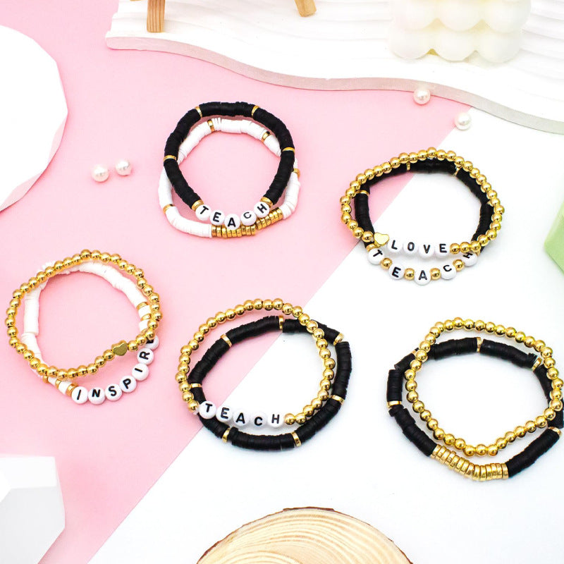 Teacher's Day Thank You Bracelet Set Stackable Soft Clay Heart Gift for Teachers Teach Alphabet Soft Clay Bracelet