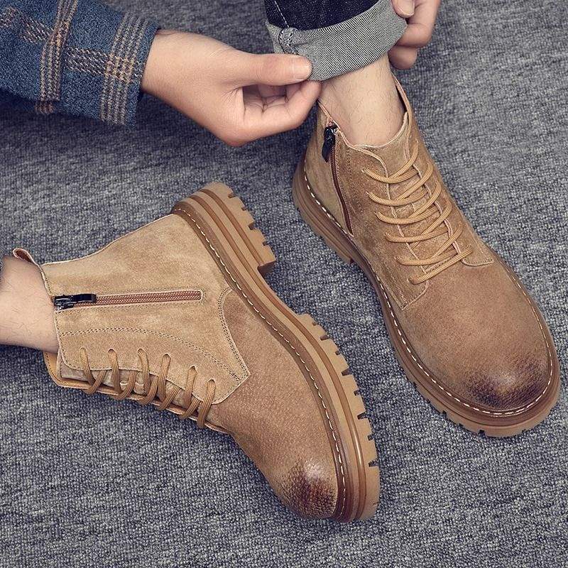 New High-top Men's Leather Shoes Single Lining Fleece Martin Boots Retro Classic Trendy Workwear Casual Yellow Boots