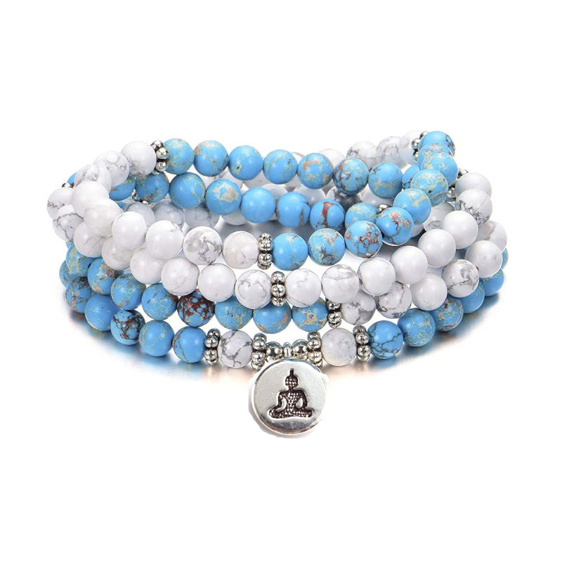 Men's Emperor Stone Bracelet108Series Elastic Cord Natural Stone Beads Lotus Buddha Pendant White Turquoise Long Bracelet