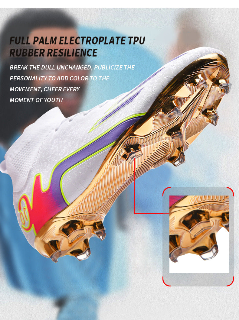 Gold-Plated Sole Men's Football Shoes with Studded Spikes AG Long Spike Shoes for Older Children, Middle and High School Students, Adults, Competition Training Sports Shoes