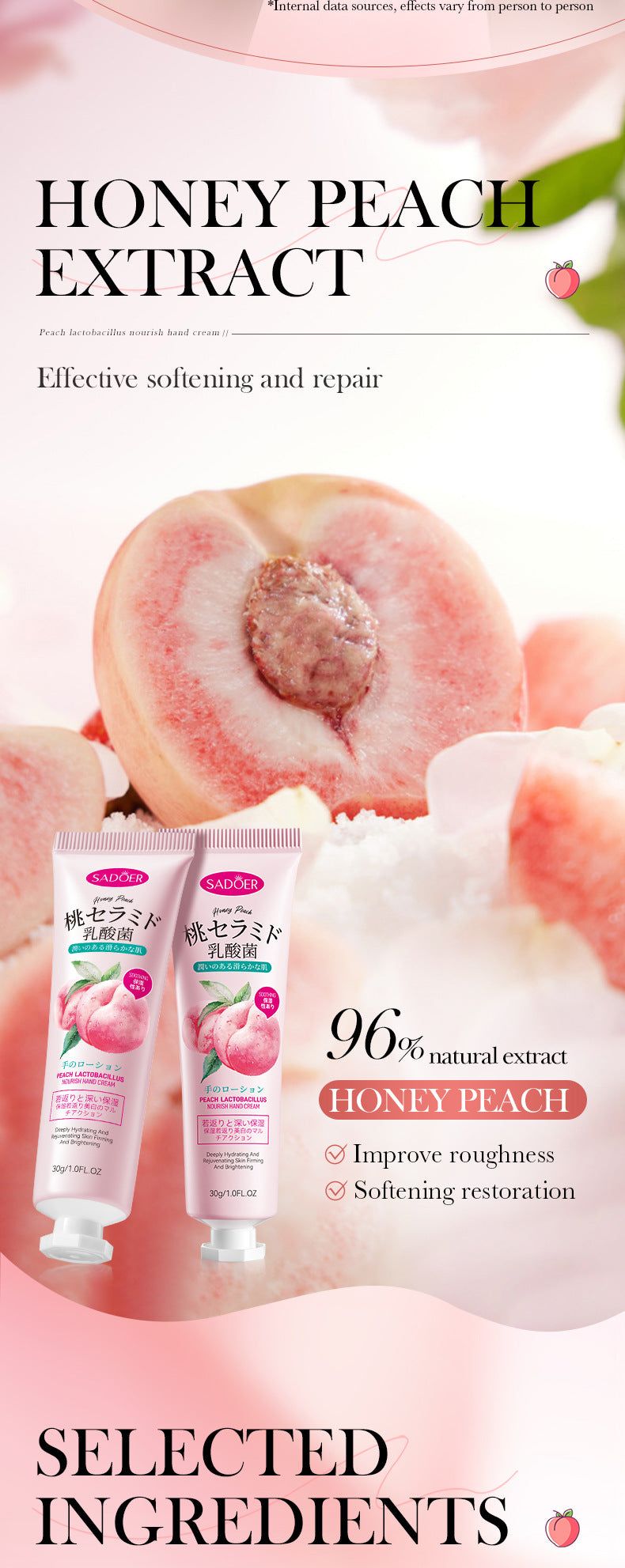Peach Lactobacillus Hand Cream SADOER Nourishing Autumn and Winter Anti-Dry Crack Hand Cream Cross-Border Foreign Trade Wholesale