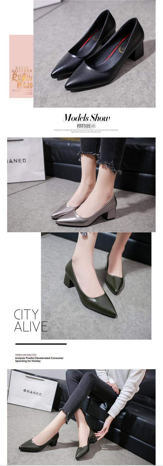 Spring and Autumn New Style Small Leather Shoes Thick Heel Square Buckle Single Shoes High Heels Black Professional Shoes Mid Heel Work Shoes Women's Shoes