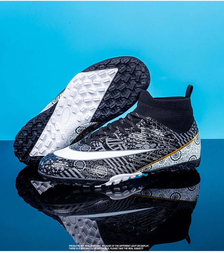 World Cup Same Style Blue and White Porcelain High-top Soccer Shoes for Men and Women, Children and Youth Competition Training Shoes