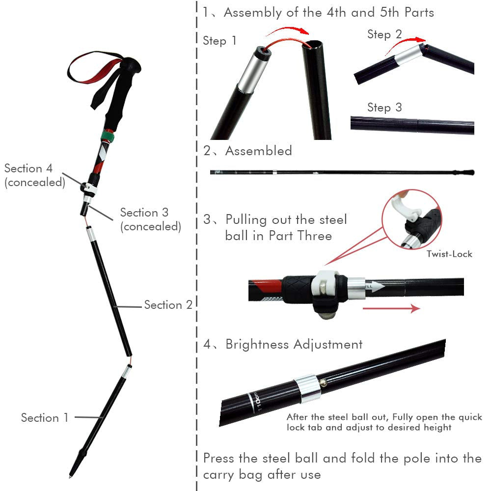 Jituo Hiking Pole Aluminum Alloy Three-Section Foldable Telescopic Walking Stick Non-Slip Portable Outdoor Canopy Tent Support Rod
